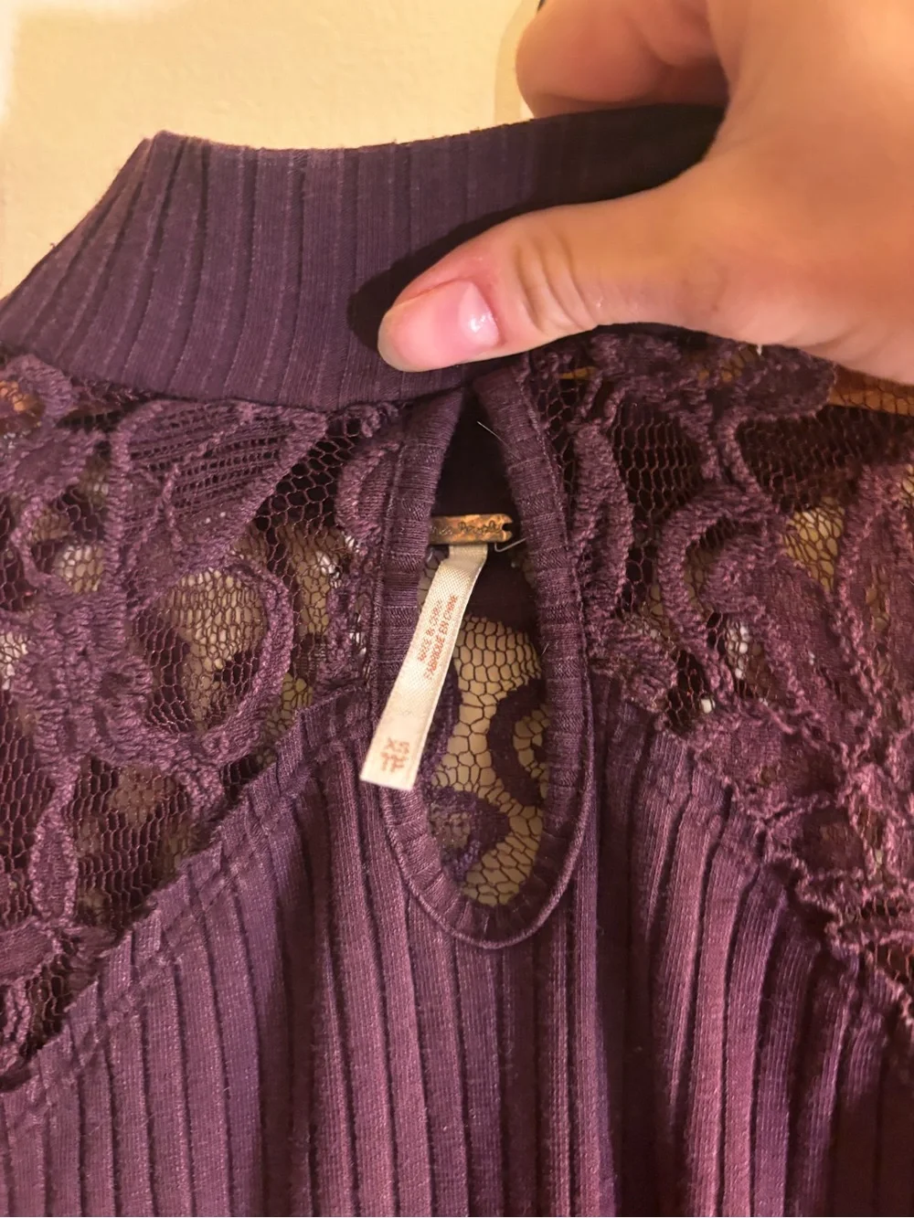 Free People Plum Lace-Collar Yoke Ribbed Long Sleeve Top
